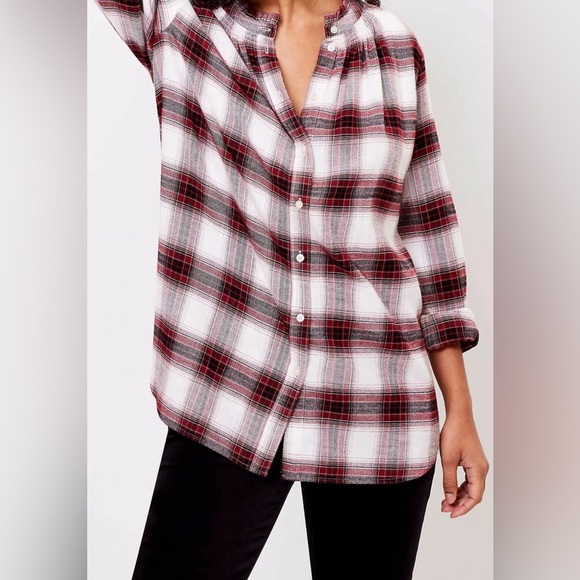 LOFT Tops - Loft Red White Plaid Long Sleeve Buttondown Blouse Ruffle Autumn